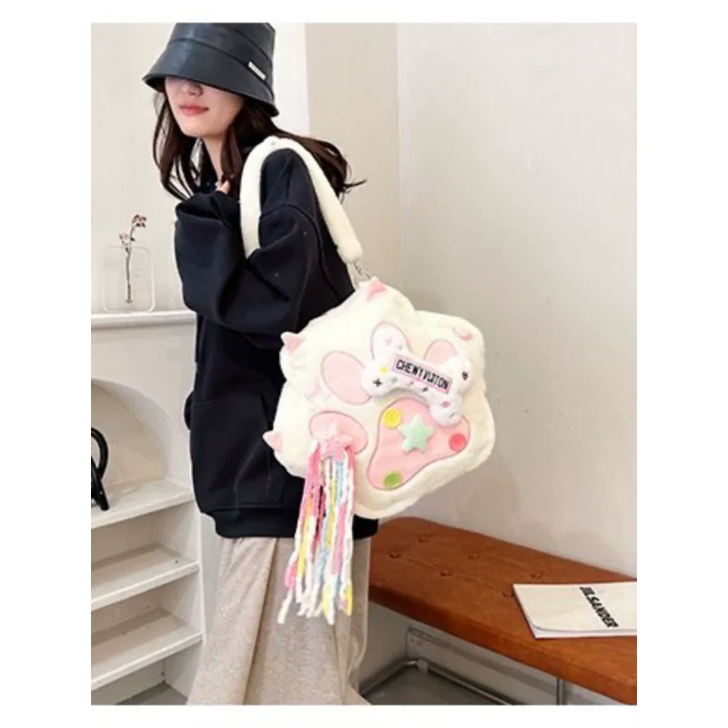 Lolita Cute Hexagonal Plush Cat Claw Backpack Sweet Girl Y2k Casual Shoulder Bag Soft Girl Dog Claw Bag