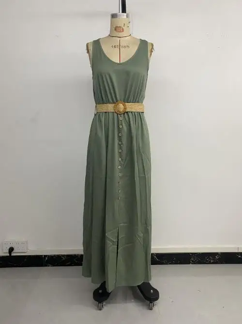 

Dress Women's Fashion 2025 Summer New Latest Hot Selling Style Mid Length Skirt Split Solid Color Sleeveless Round Neck Dress