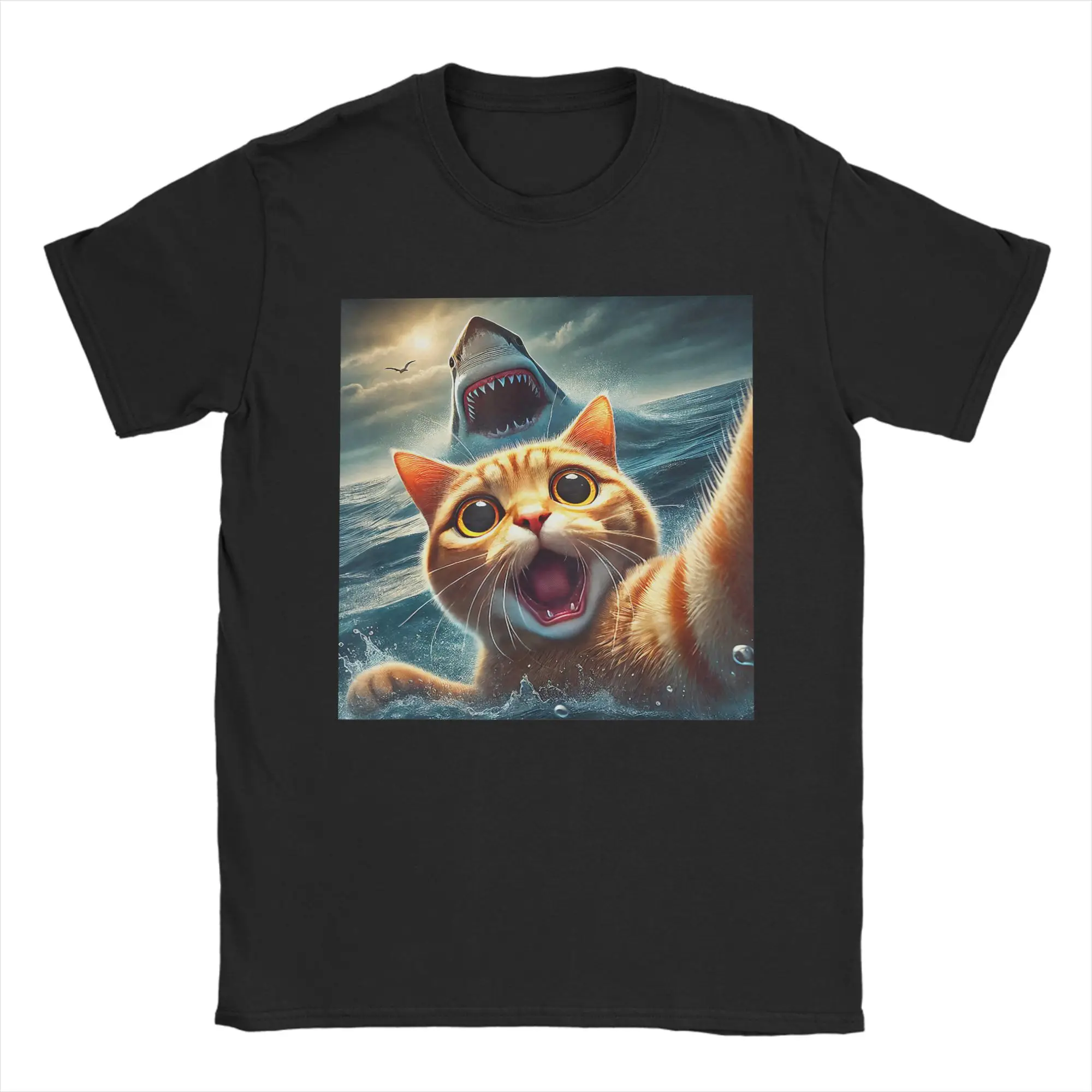 Men Cat Hunting Shark T Shirt  100% Cotton Clothes Vintage Short Sleeve Round Collar Tee Shirt Plus Size T-Shirt