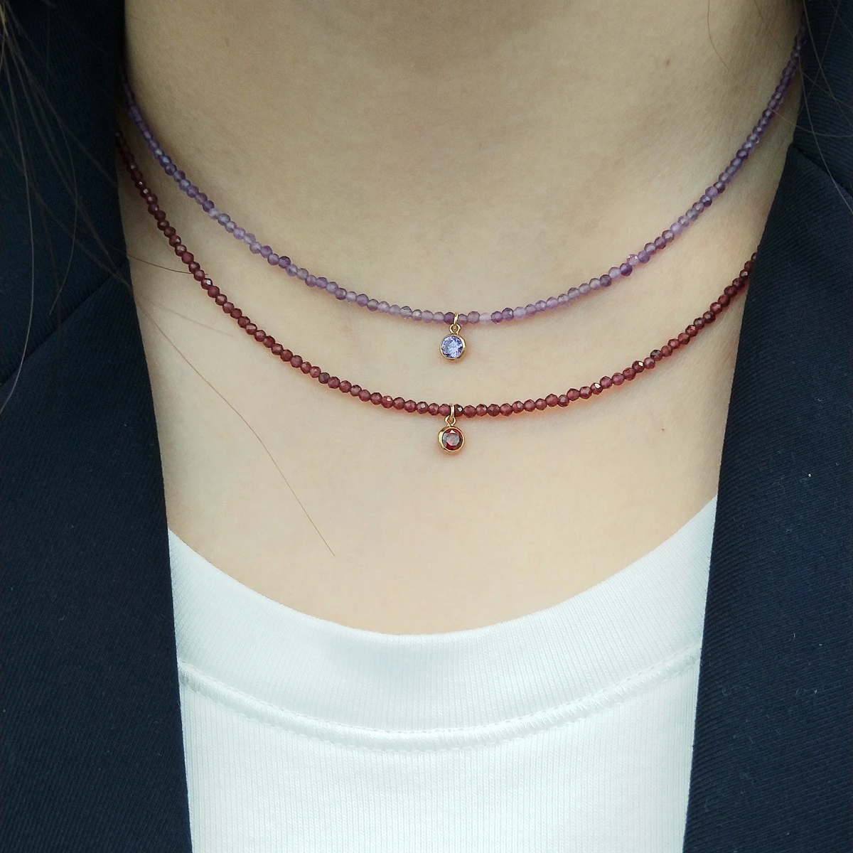 

Lii Ji Real Stone Choker Necklace 14K Gold Filled No Fade Garnet Amethyst Zircon Pendant Female Necklace Gift 40+5cm