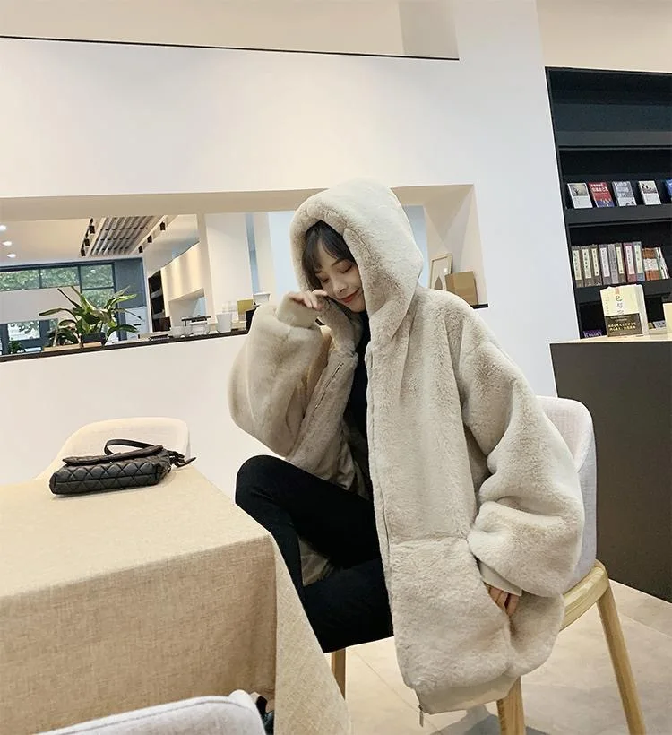 Women Faux Rabbit Fur Coats Solid Fur Jackets Pokcet Zipper Hooded Cotton Linen Long Sleeves Loose Fit Casual 2026 Autumn Winter