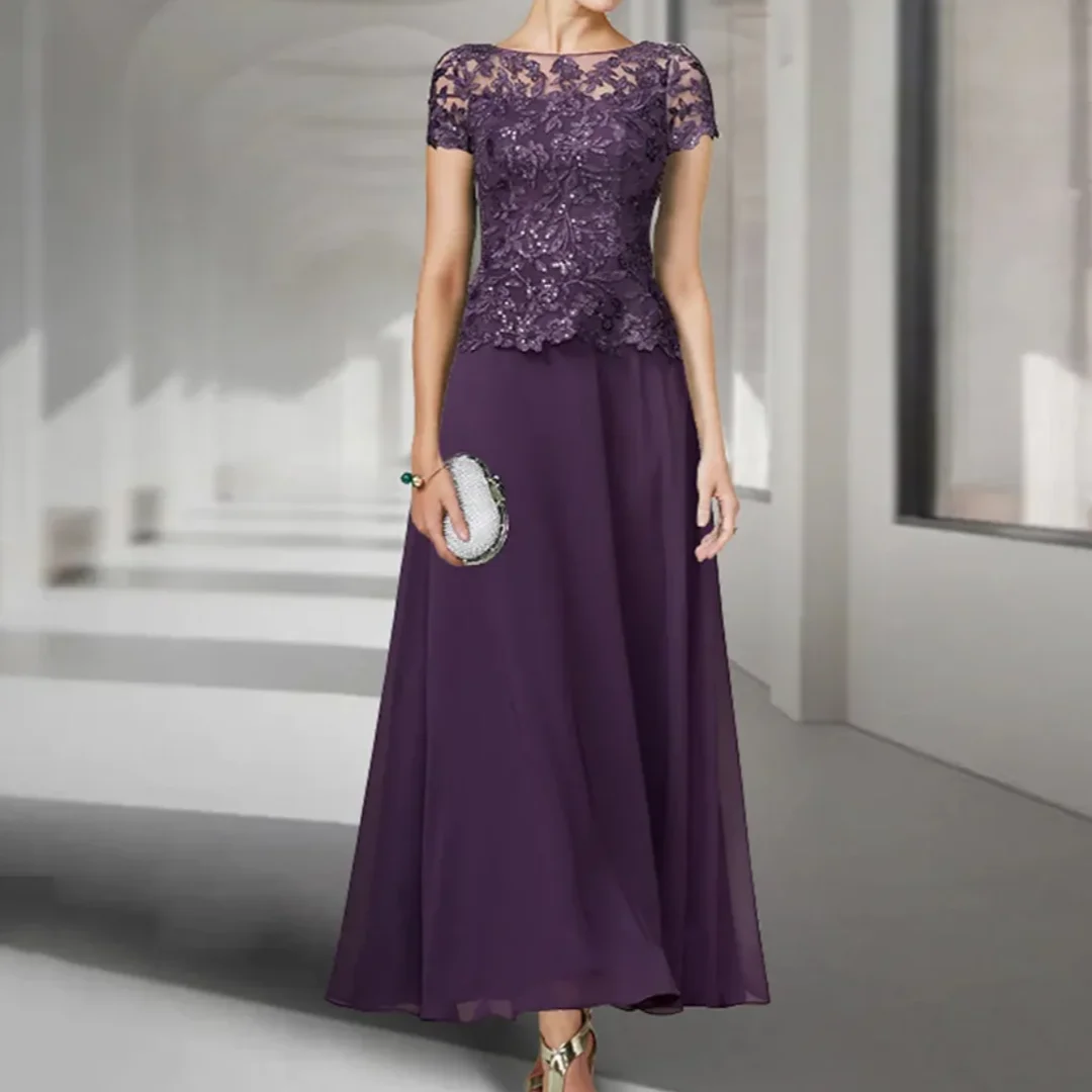 

Short Sleeves Round Neck Sequined Applique Chiffon Ankle Length Wedding Party Gown Purple Mother of The Bride Dress Customized