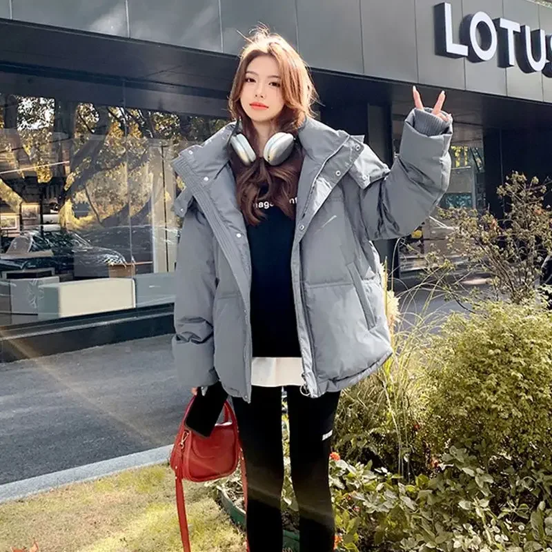 Winter Oversized Puffer Jacket Women Loose Thick Casual Cotton Padded Jackets Korean Solid Hooded Short Parkas Mujer Outwear