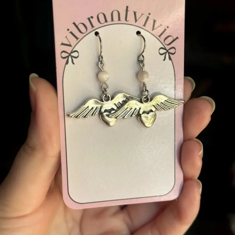 Y2K Allergy-proof Pink Heart-shaped angel Wings Cute Wind pendant earrings