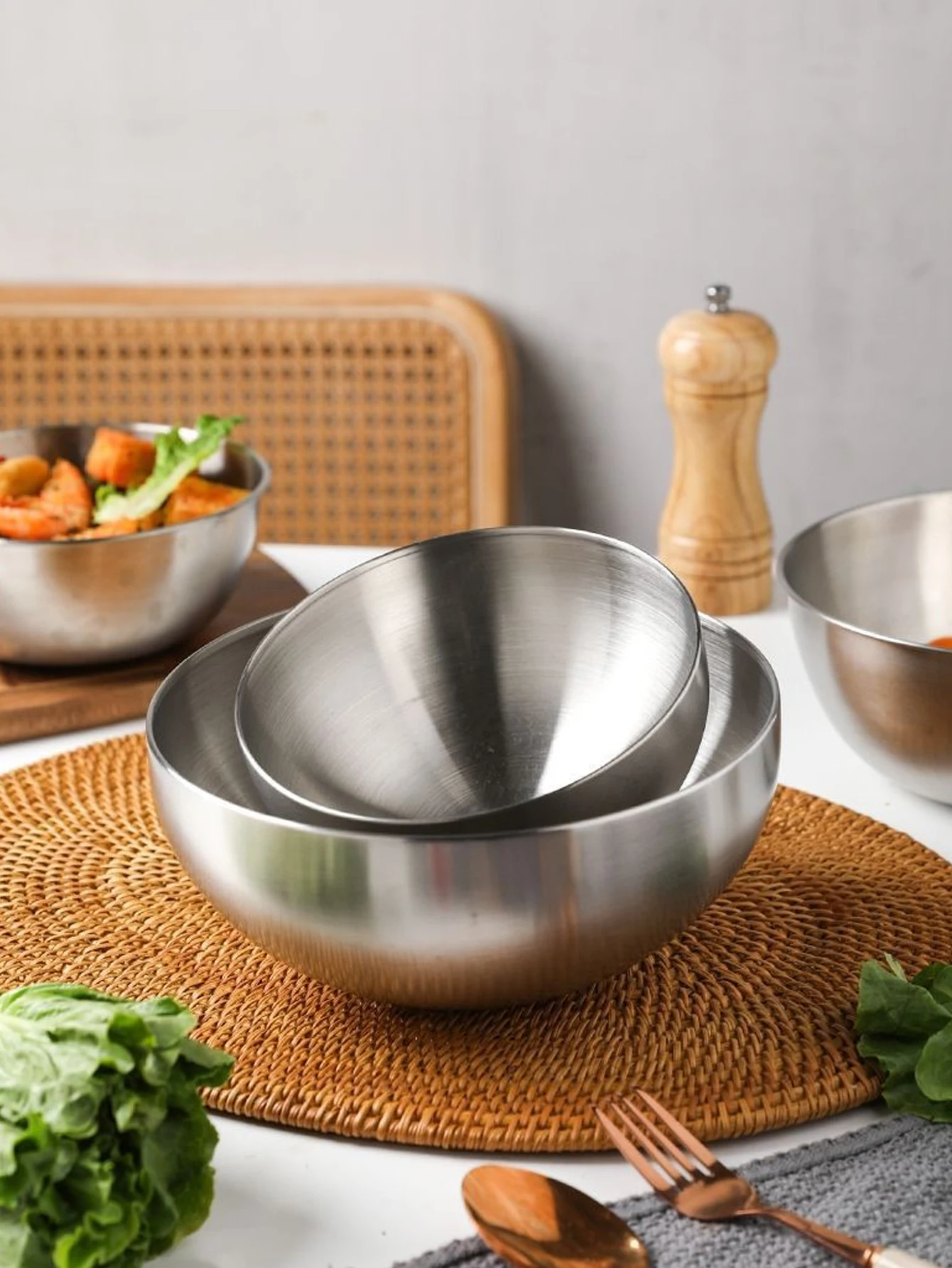 1PC/2PC Stainless Steel Gold And Silver Salad Bowl Rice Noodles Lamian Noodles Bowl Kitchen Tableware Food Container
