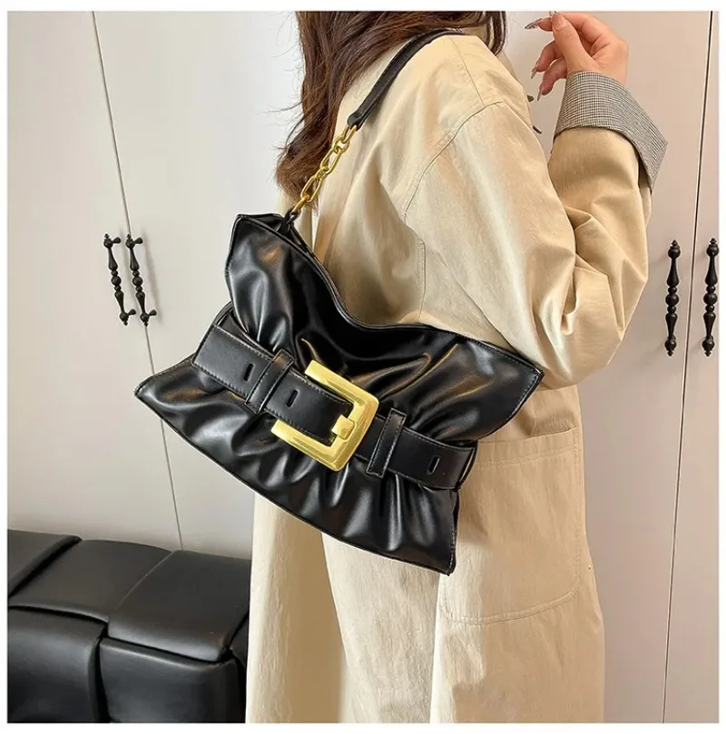 

New Women's Belt Buckle Underarm Bag Pleated Top Handle Bag, Versatile Fashion Shoulder Bag for Daily Commute & Casual Occasions