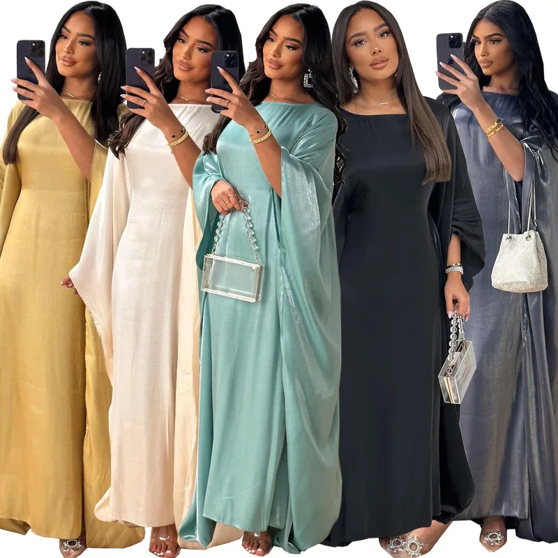 

Silky Satin Butterfly Abaya Inslide Belt Muslim Party Long Dress Summer Abayas for Women Dubai Turkey Islamic Clothing Kaftan