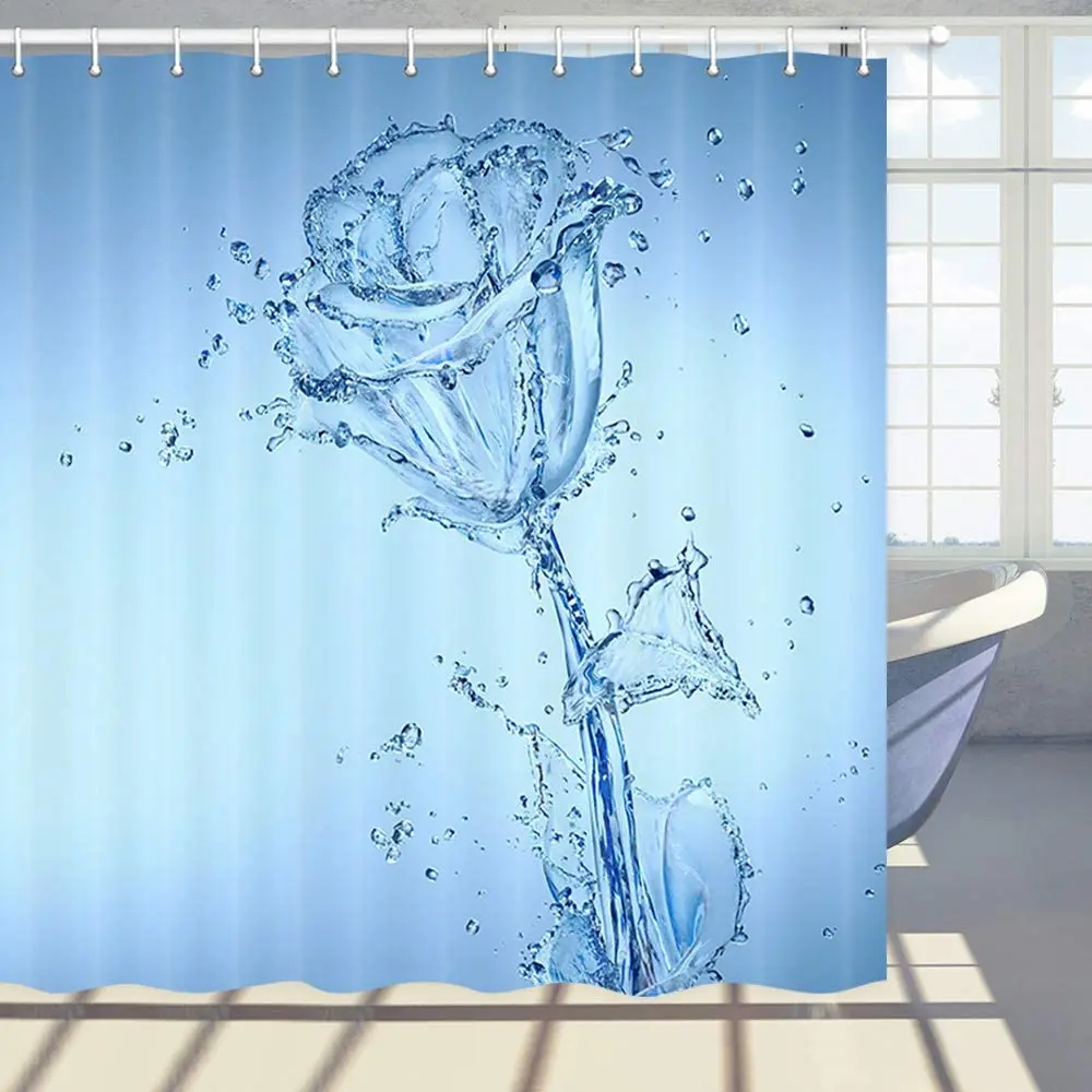 Floral Shower Curtain Flower Water Drops Rose Flowers Polyester Fabric Bathroom Bath Curtains with Hooks