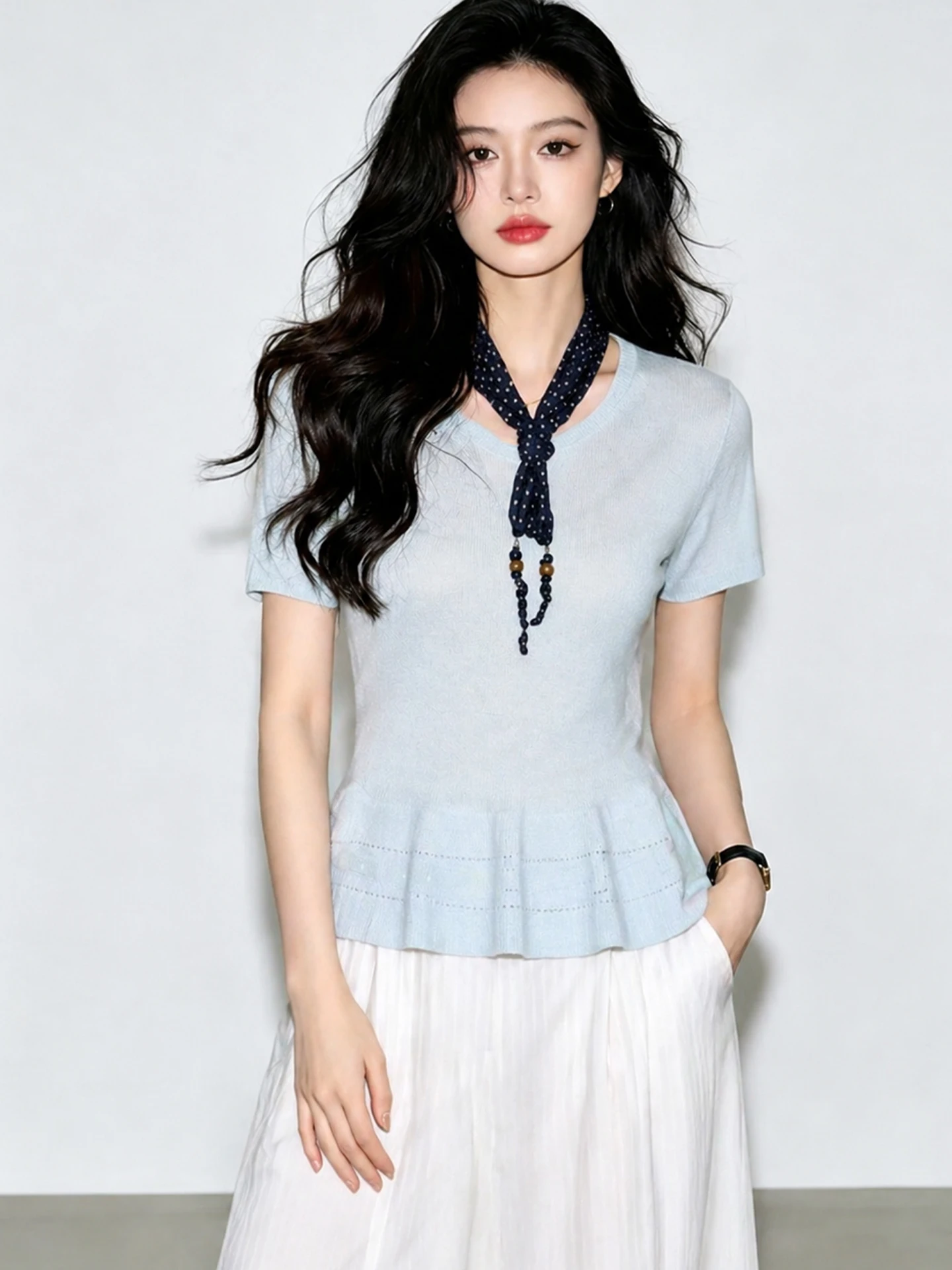 

Korean Style Fashion Short Sleeve Knitted Top Summer Waist Inward Design Commute Style Small Shirt Poetic Lin Brand
