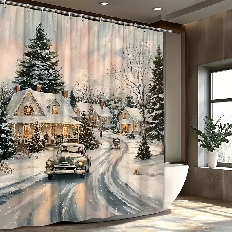Cozy Winter Village Scene Shower Curtain Bathroom Decor Realistic Snowy Street House Shower Curtain