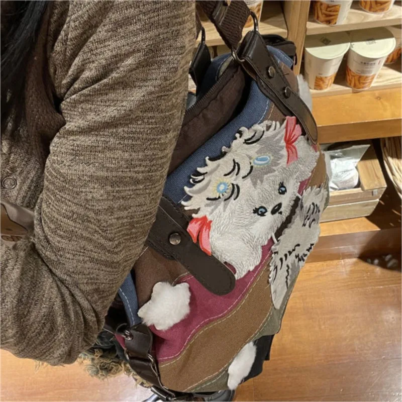 JIAERDI-Bolso de mano Harajuku Dog Y2k para mujer, bolso de hombro marrón a rayas de retazos, Retro, informal, estético, otoño