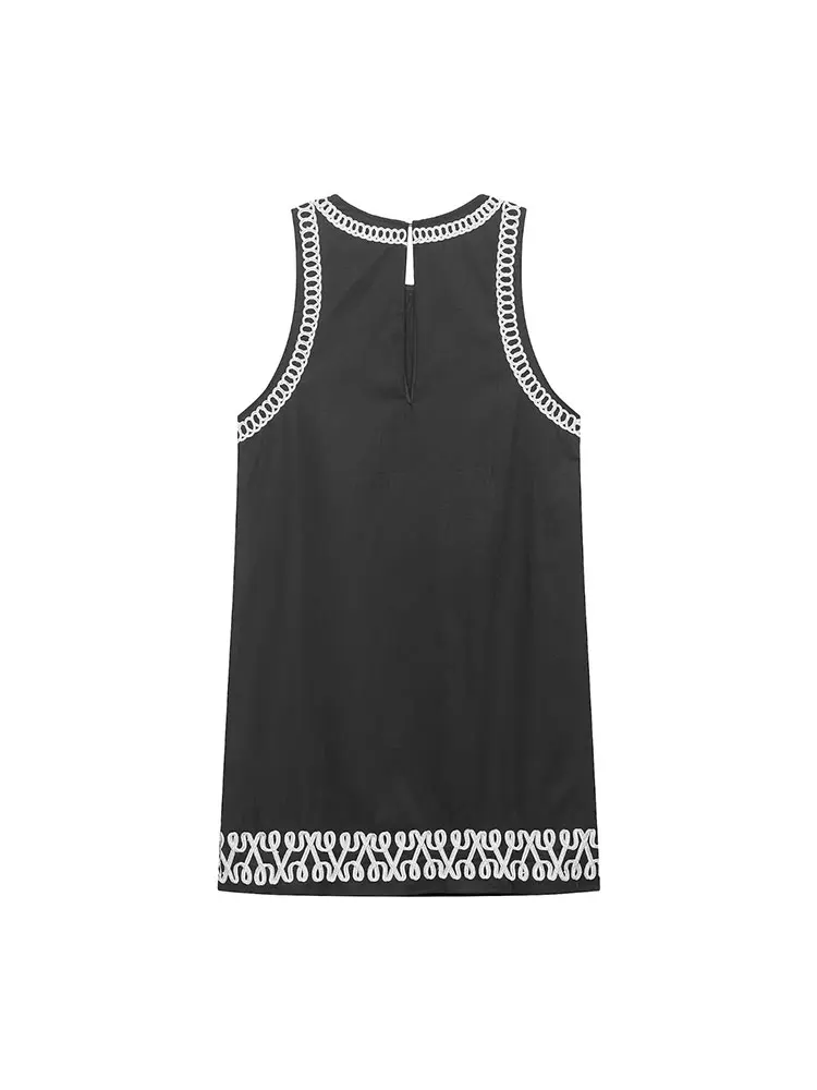 2025 Summer Woman Dress Embroidery Decoration Straight Dresses Women O-neck Sleeveless Short Dress Daily Streetwear