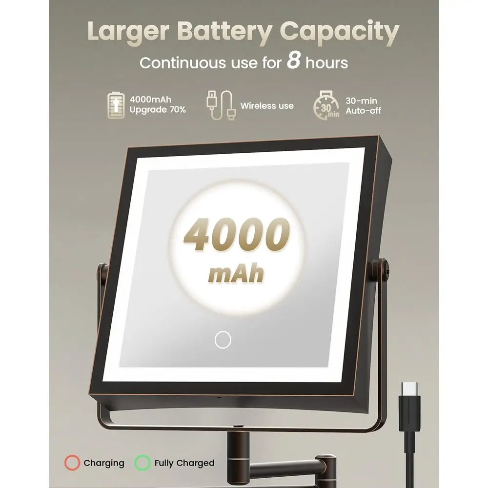 مرآة مكياج LED مزدوجة الجوانب مع بطارية 4000 مللي أمبير في الساعة، 360 درجة ° ذراع قابل للدوران، أضواء 3 ألوان قابلة للتعتيم باللمس، تكبير 1X/10X، Oi #3