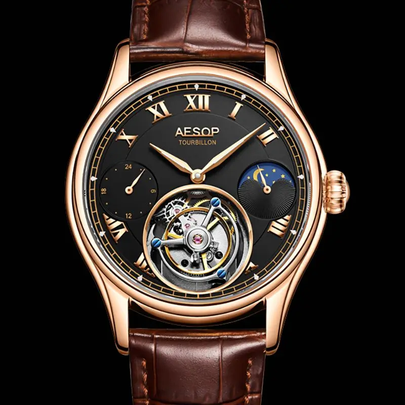 AESOP Off-Axis Tourbillon Skeleton Mechanical Watch For Men Luxury Brand Famous Moonphase Multi Function Waterproof Watches 2022