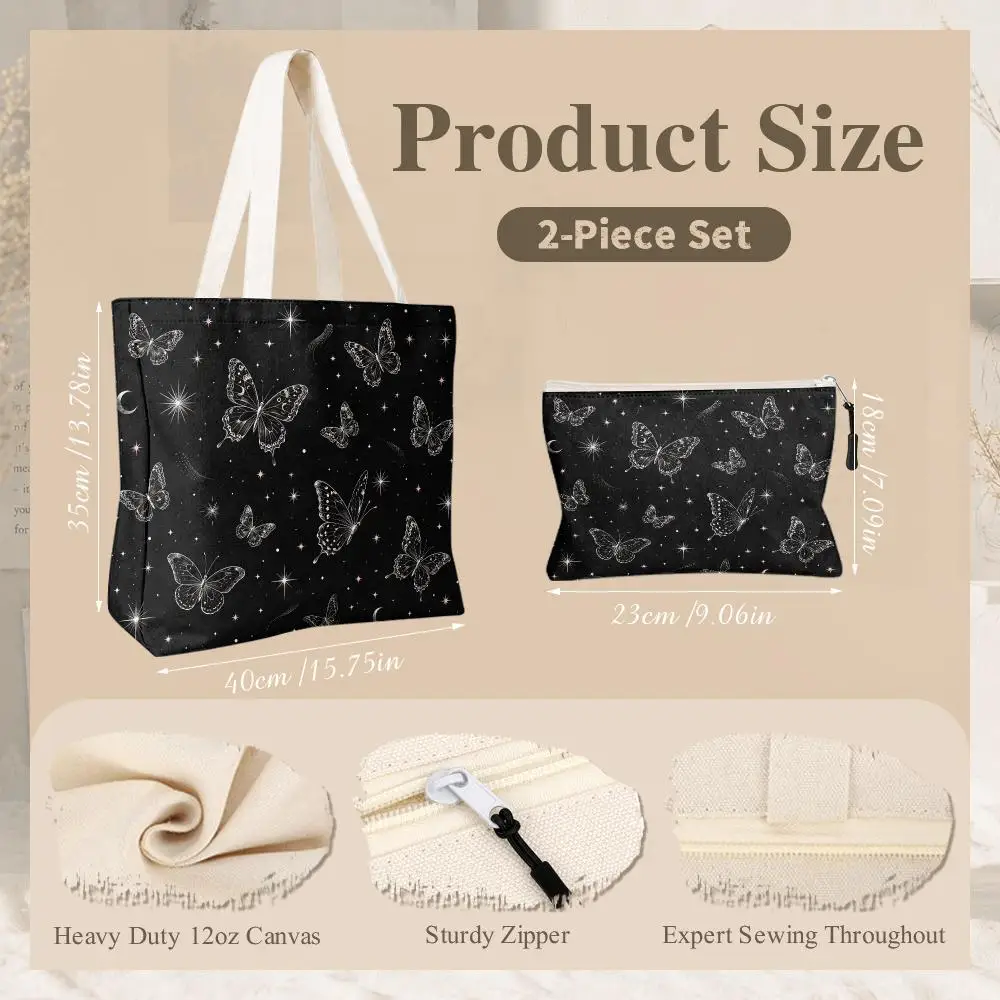 Celestial Butterflies Storage Bags 2-Piece Canvas Set With Zipper Large Capacity Reusable Work&School,&Shopping&Travel&Gift