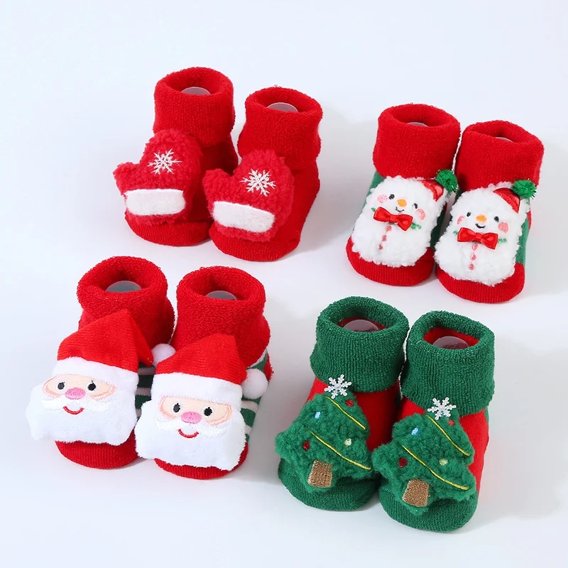 0-3T Winter Baby Sock Winter Cartoon Elk Tree Christmas Red Thick Warm Stocking Infant Anti-slip Floor Terry Sock Christmas Gift