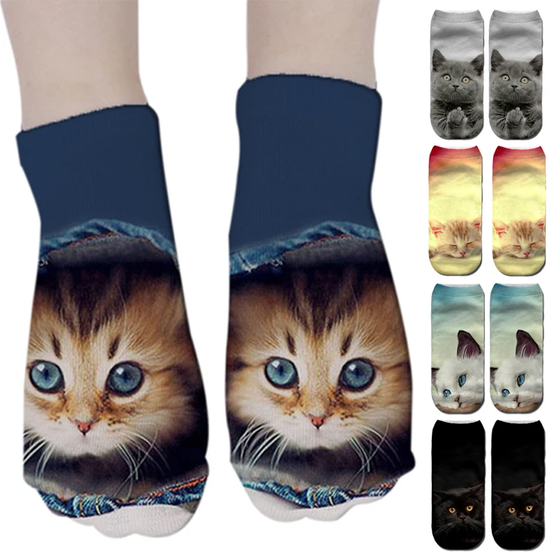 3D Print Funny Cute Cat Socks Cartoon Kitten Unisex Creative Colorful Multiple Cat Face Happy Low Ankle Socks Women Christmas