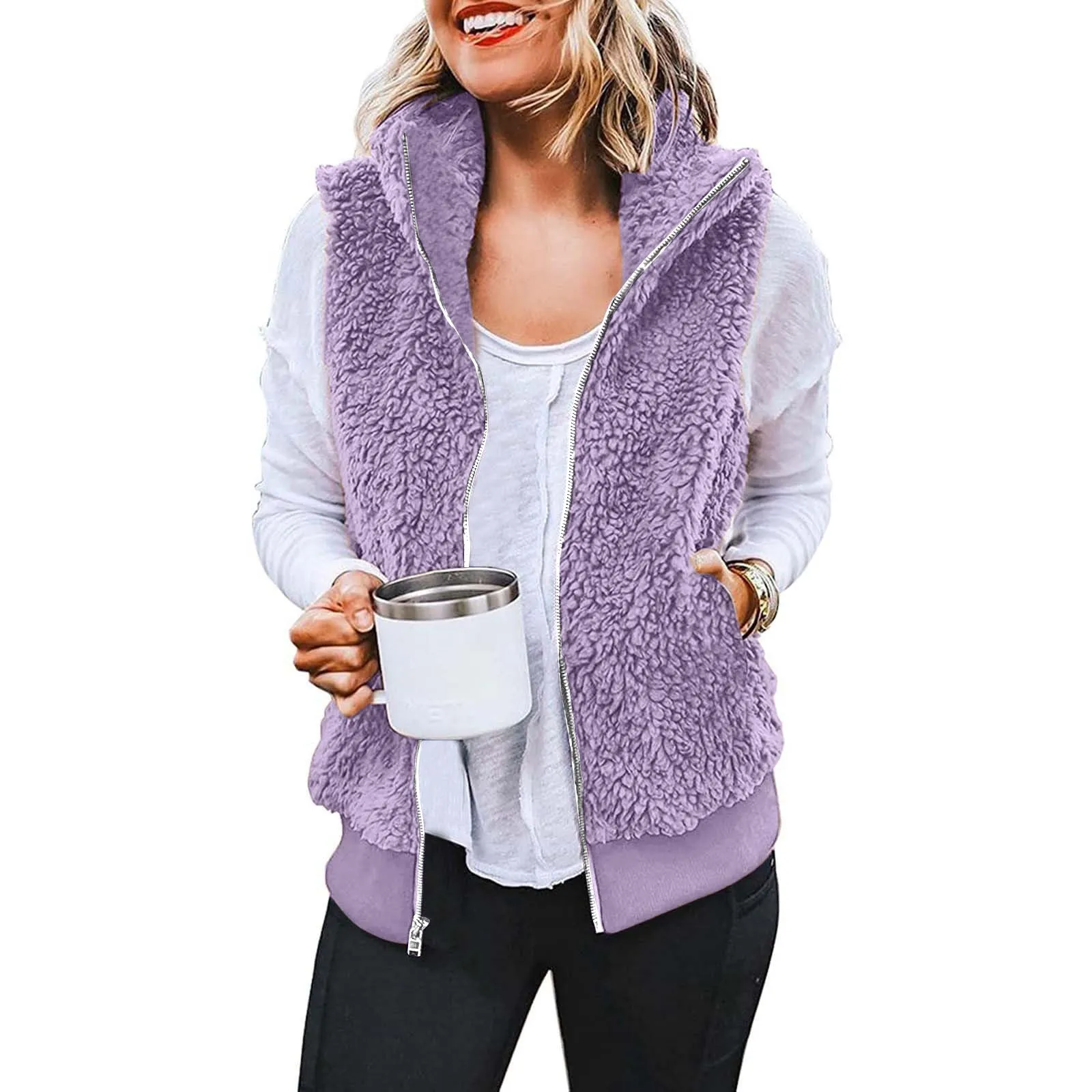 

Women's Solid Color Fashion Casual Sleeveless Pocket Zipper Coat