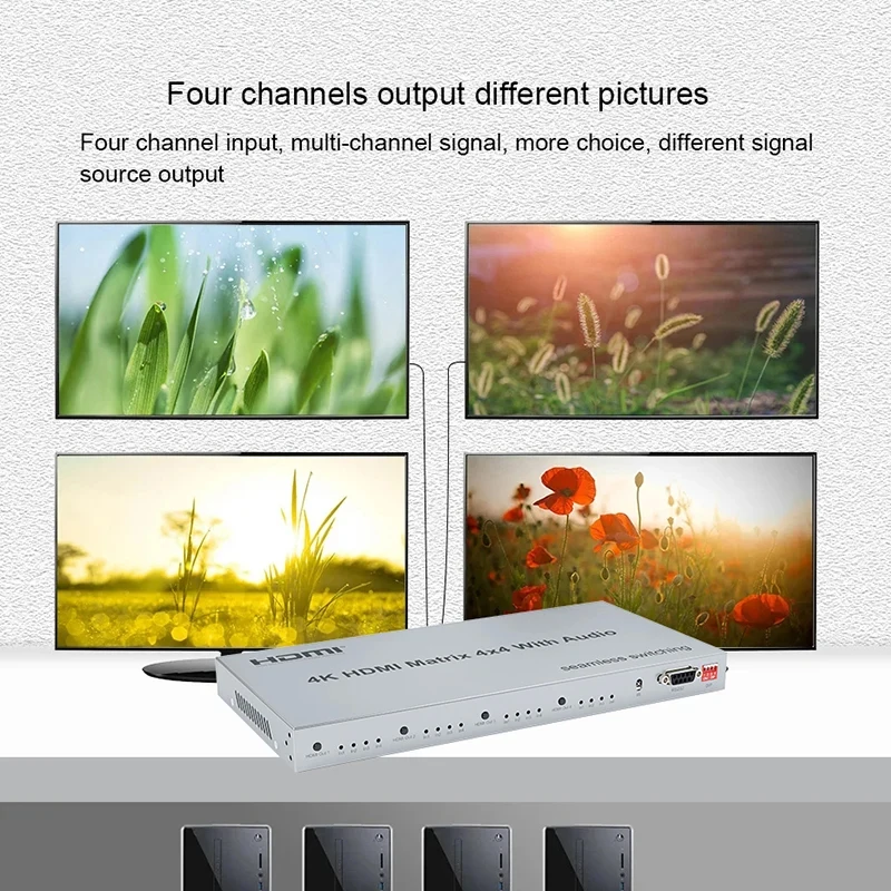 4x4 HDMI Matrix with Audio Extractor 4K@60Hz HDR 18Gbps HDMI 2.0 Matrix Switcher Splitter 4 in 4 Out Support HDCP2.2 EDID RS232