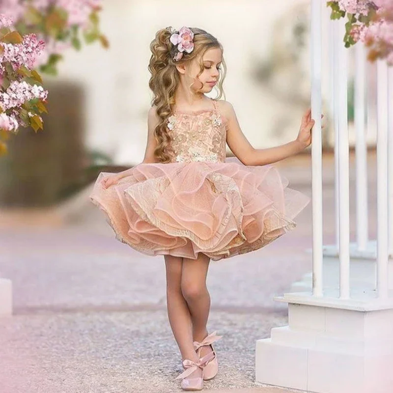 Vestidos florais rosa para meninas, vestidos de tule sem mangas com apliques e bainha inchada, vestidos de princesa para festa de casamento e aniversário