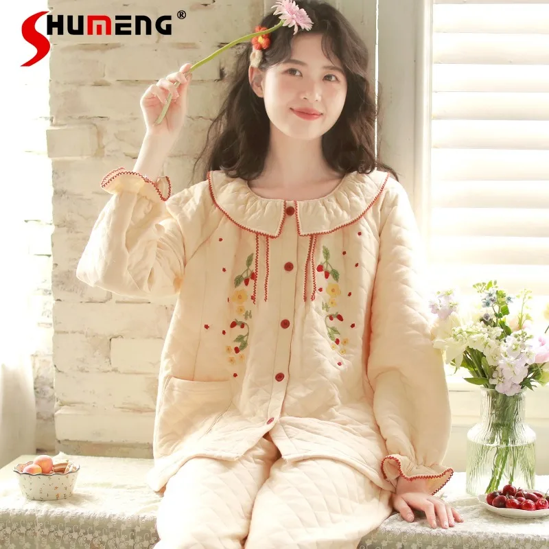 بيجامة نسائية سميكة للخريف والشتاء دافئة مبطنة حلوة يمكن ارتداؤها طقم ملابس منزلية للسيدات على الطراز الياباني بدلة مريحة لطيفة #1