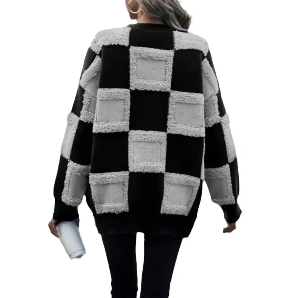 

Women's Autumn Winter Pullover Knitwear round Neck Contrasting Color Embroidered Loose Fit European American Style by