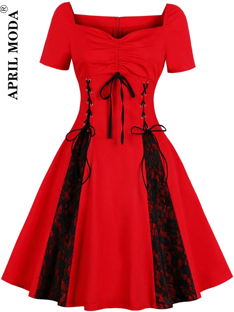 2025 Red Black Patchwork Gothic Punk Steampunk Dress Lace Up Retro Vintage Swing Cotton Streetwear 50s 60s Rockabilly Jurken