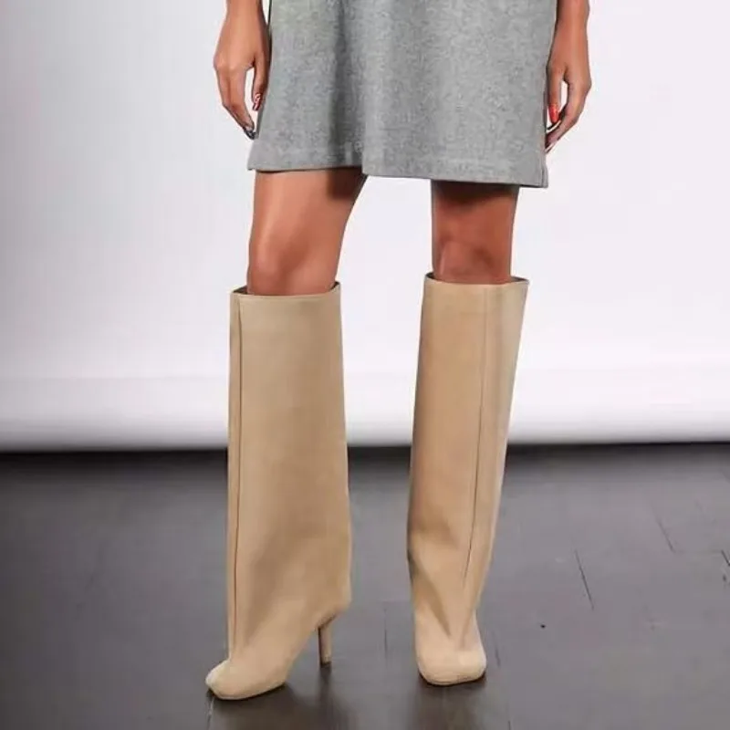 

Women's Suede Knee High Boots Fashion Sewing Large-size High Heels Square Toe Stiletto Winter Solid Wide Tube Shoes for Woman
