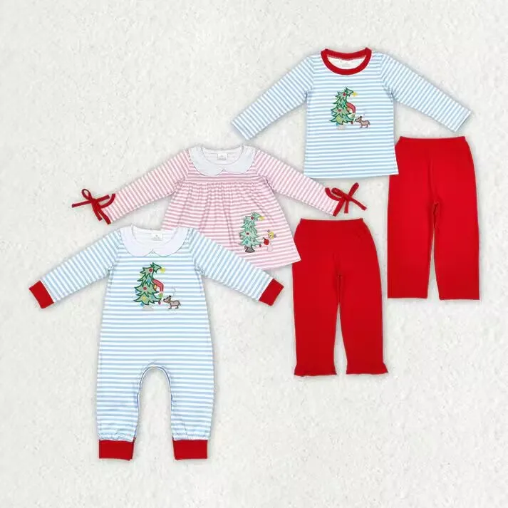 New new rts embroidered Christmas tree baby wholesale clothing boutique girl pink striped Christmas holiday suit