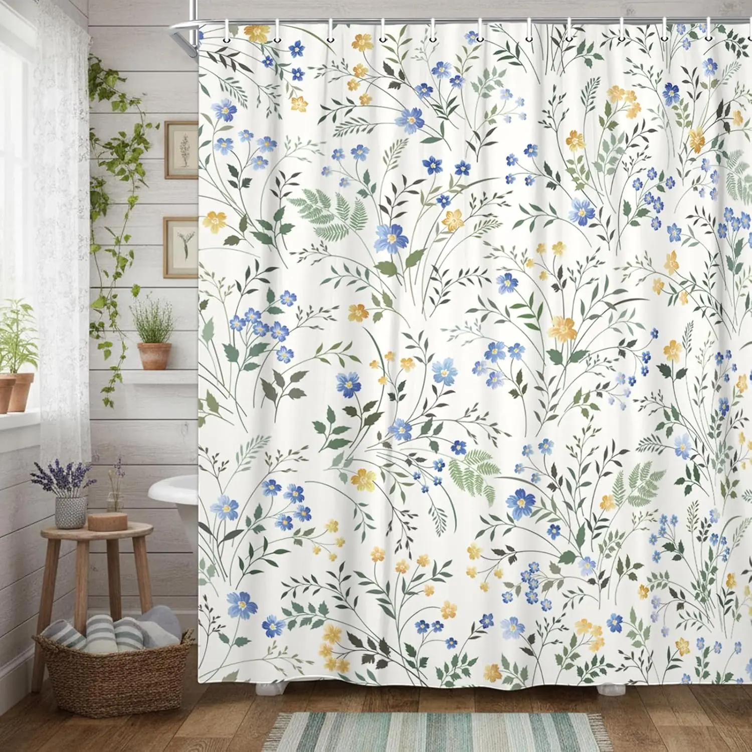 

Весенняя шторка для душа с цветочным принтом, акварельный декор для ванной с растениями, водонепроницаемый полиэстеровый набор с ботаническими листьями