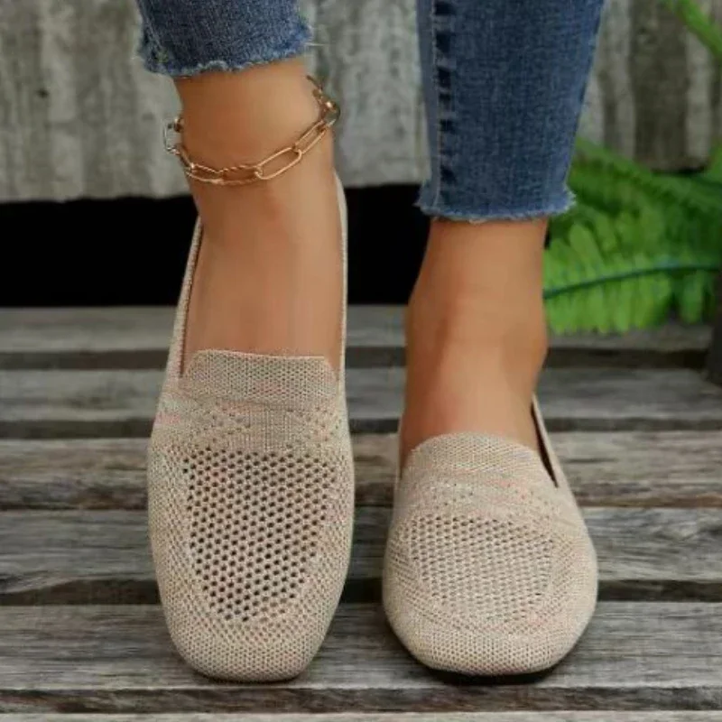 Solid Color Square Toe Mesh Loafers Shallow Women Flats Shoes Soft Bottom Knit Ballet Flats Shoes Casual Slip on Boat Shoes 2024