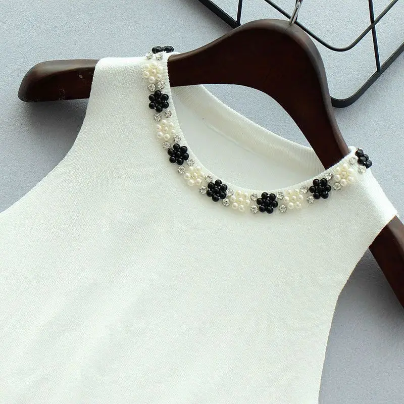 Beaded Camisole Women's Summer Base All-Match round Neck Ice Silk Knitwear Inner Match Sleeveless Short Tops Outerwear