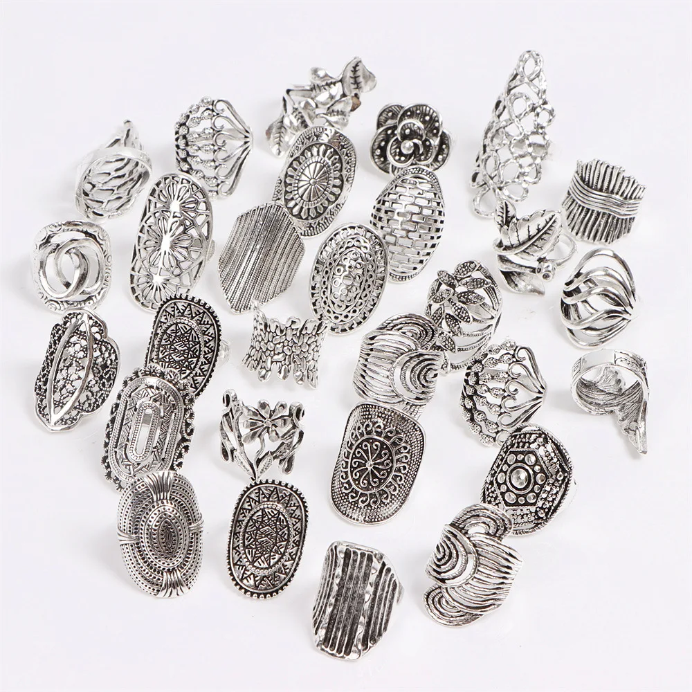 50pcs Ethnic Style Rings For Women and Men Antique Silver Plated Carved Various Patterns Fashion Jewelry Wholesale