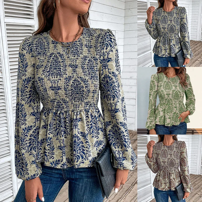 2024 New Autumn Women's Cross border Embracing Slim fit Long sleeved Printed Shirt for Women Waist cinching printed top