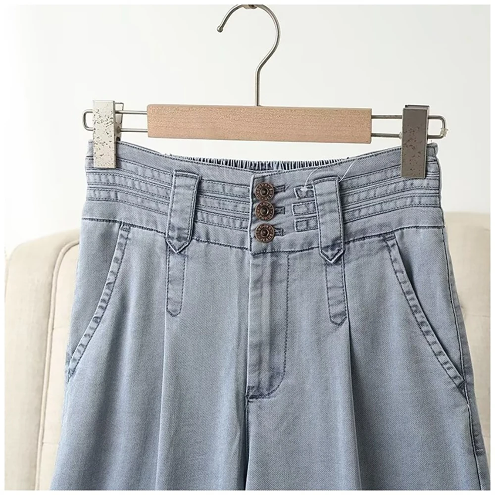 Jeans Sutra Es Tipis Wanita Bersirkulasi Celana Denim Kaki Lebar Pinggang Elastis Tiga Kancing Musim Panas 2025 Celana Jeans Biru Longgar Kasual