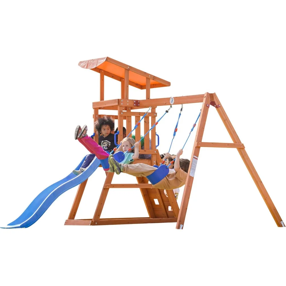 

Backyard Wooden Playsets with Swing, Slide, Sandbox, Climbing Wall, and Two Belt Swings