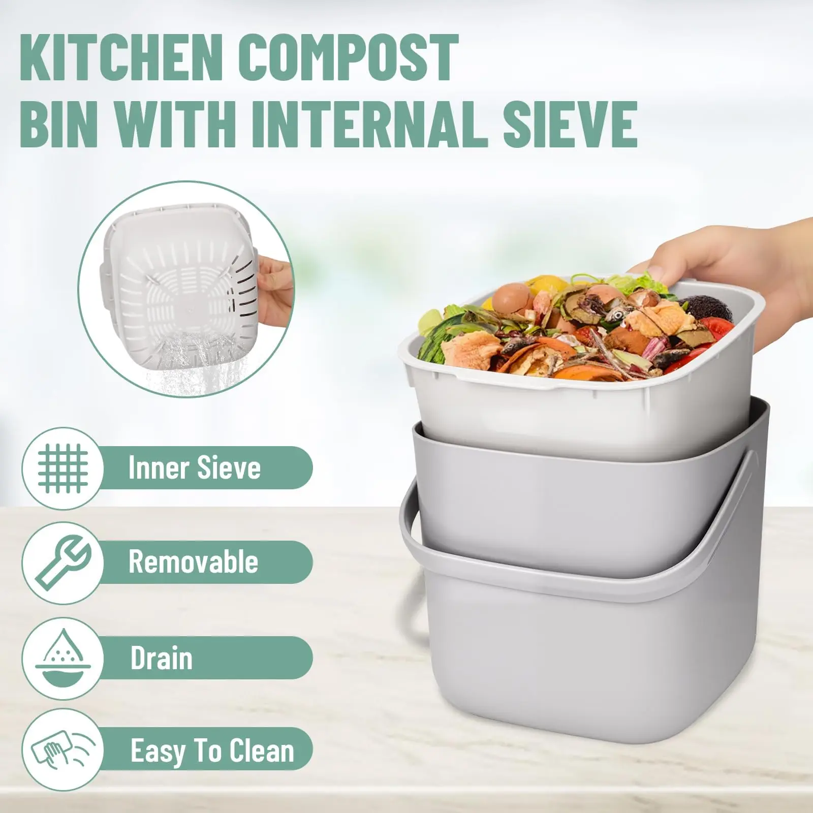 Kitchen Organic Waste Bin with Lid, Compost Bin for Everyday Organic Waste Containers, Odour-proof, Easy To Clean.