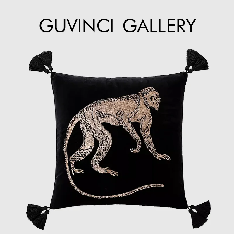 GUVINCI Manhattan Style Gold Monkey In Black Embroidered Throw Pillow Cover Luxury Velvet Cushion Case For Living Room Bedroom