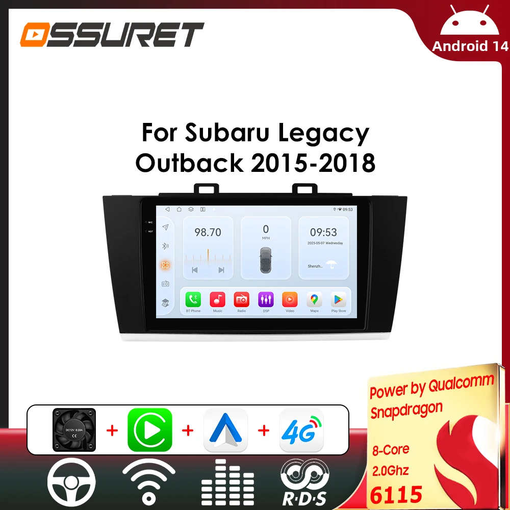Écran intelligent pour voiture Android pour Subaru Legacy Qutback 2015-2018, autoradio Carplay, 4G DSP RDS, Android 14, GPS Navi, stéréo 2Din