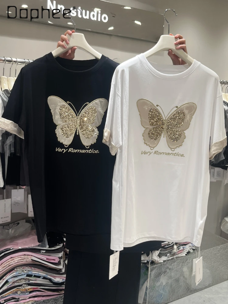 

Chinese Style Splicing Short-sleeved T-shirt Women Summer New Drop Sleeve Heavy Industry Embroidery Sequined Butterfly Loose Top