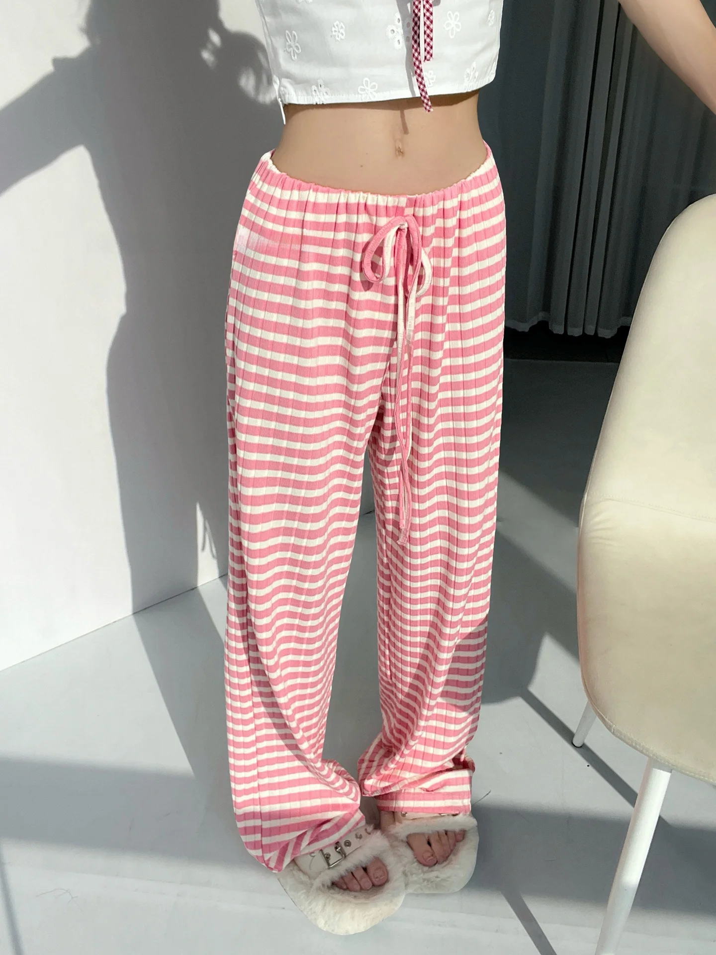 

Розовые полосатые вязаные брюки-палаццо женские, свободного кроя, повседневные, весна 2026, новинка, с низкой посадкой, удобные, длинные