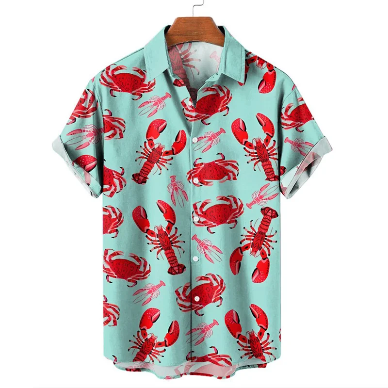Hawaiian Lobster 3D Printed Men's Shirt Fashion Short Sleeve Shirt Large Summer Casual Beach Button Collar Shirt Clothing