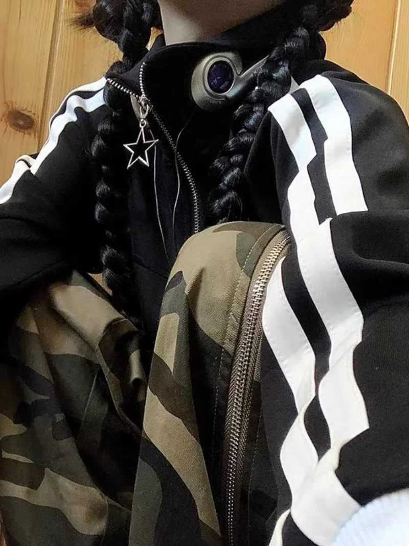 

Women Vintage Korean Fashion Streetwear Zip Up Crop Hoodies Harajuku Striped Cropped Zipper Jackets Y2k Kpop Sweatshirt Clothes