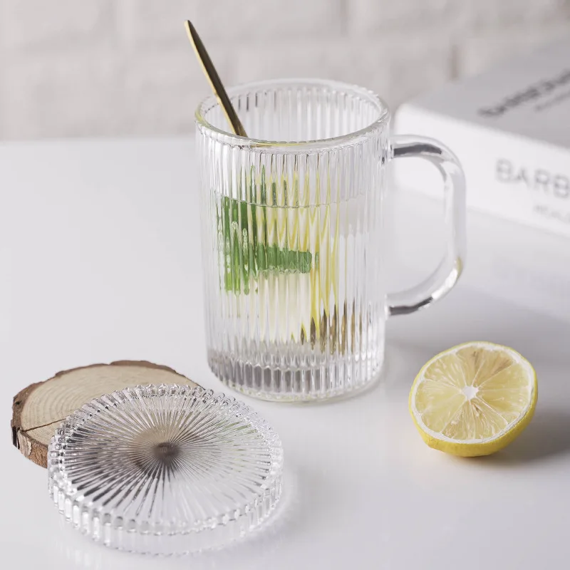

Elegant Vertical Stripe Glass Milk Cup with Lid for Breakfast Home Drinkware
