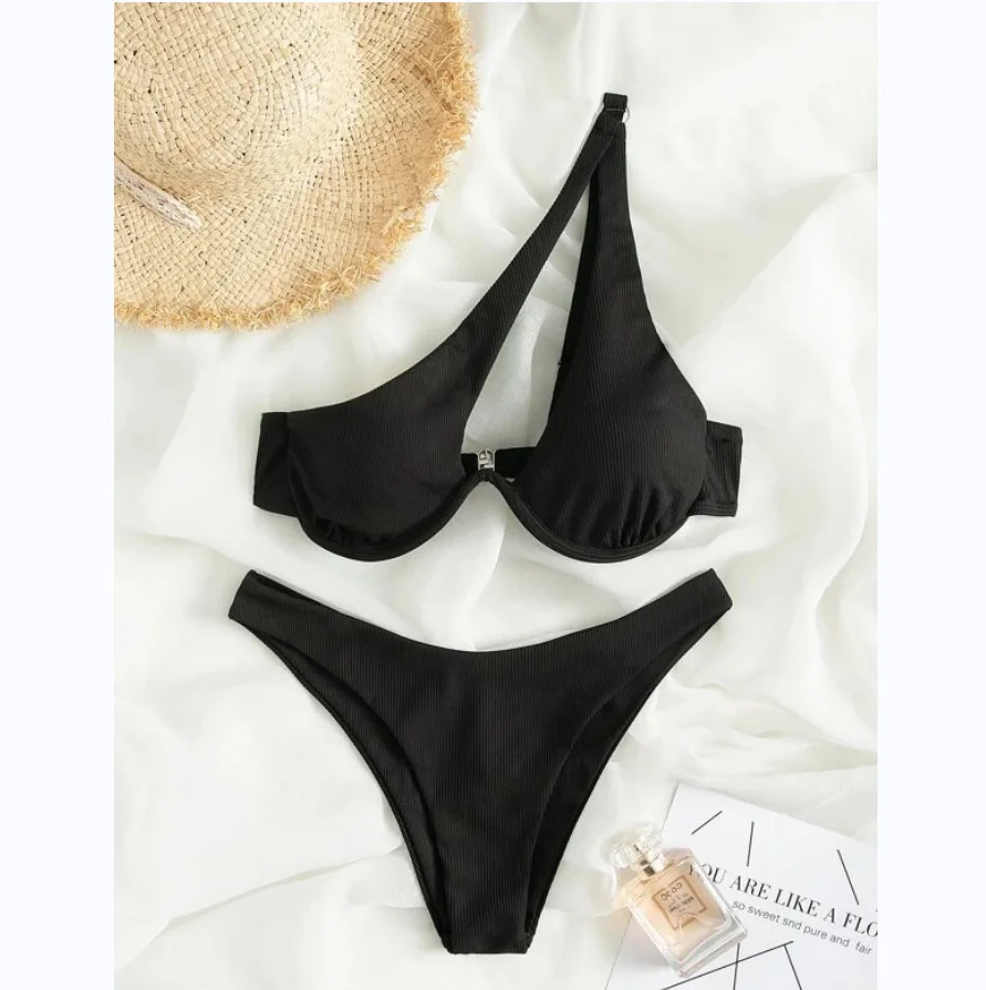 2024 Luxury Two Pieces Solid Patchwork Underwire Push Up One Shoulder Cut Out Beachwear Swimwear Biqunis Brazilian Thong Bikini