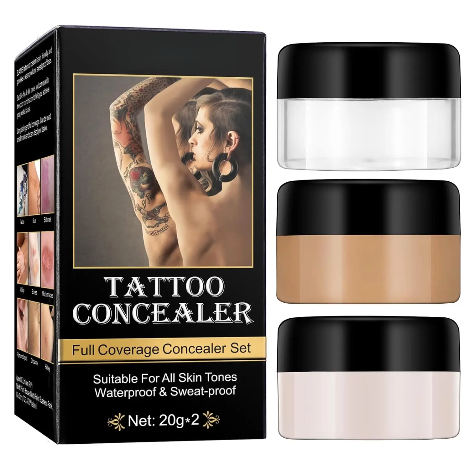

Tattoo Concealer Waterproof & Sweatproof Full Coverage Concealer for All Skin Tones - 20g – Ideal for Covering Tattoos, Scars