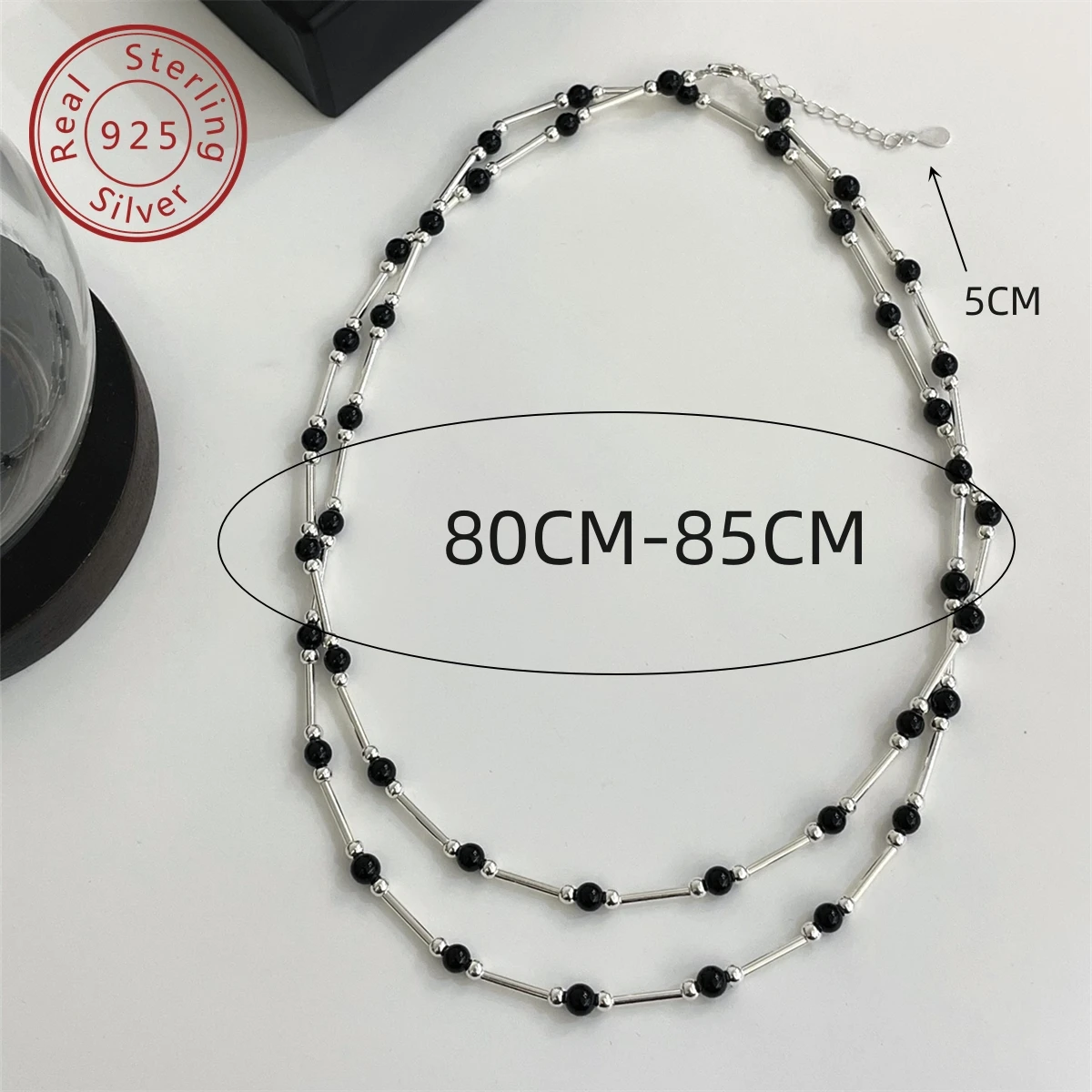 925 Silver Autumn/Winter New Natural Black Agate Silver Tube Sweater Necklace, Full Personality, Cold Bland and Advanced feeling