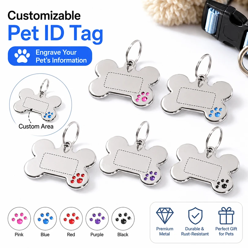 Plaques d'identification personnalisées pour chiens, en forme d'os, gravées au laser, avec nom, numéro et texte personnalisé, anti-perte, pour animaux de compagnie