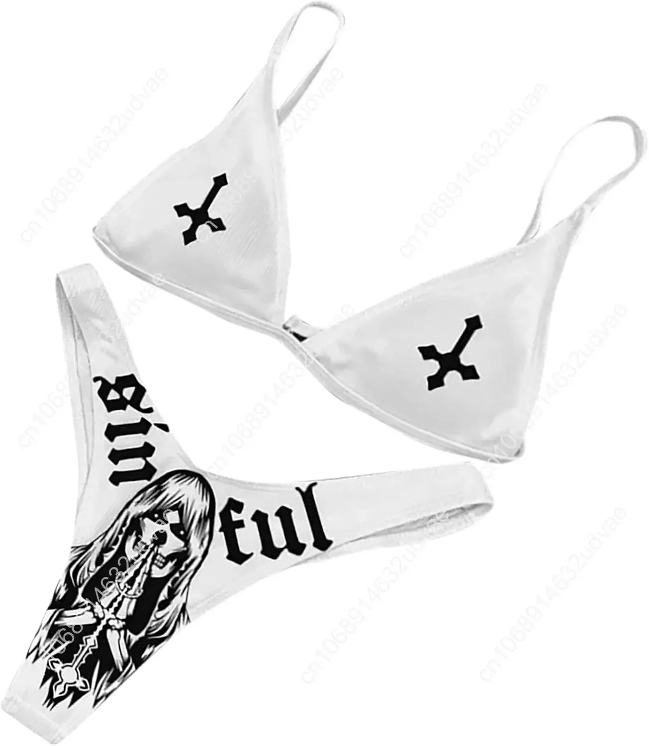 Gothic Skull Letter Printed Women Two Piece Swimsuit High Cut Triangle Bikini Set for Rave Party Festival Halloween