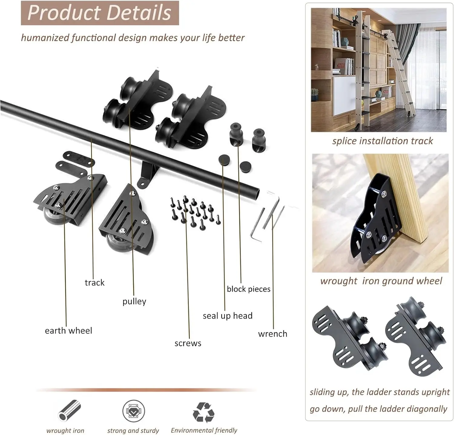 Sliding Barn Door Hardware Kit - Stand Up Tensible Rolling Hardware, Library Sliding Ladder Track Kit, Mobile Ladder Track/Rail